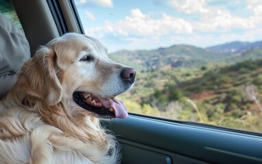 Golden retriever enjoying a car ride through a scenic route.
