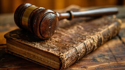 Gavel and legal book on wooden surface under soft lighting.