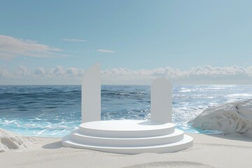 White podium in the beach with ocean and sky background s