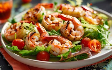 Grilled shrimp with fresh salad and cherry tomatoes.