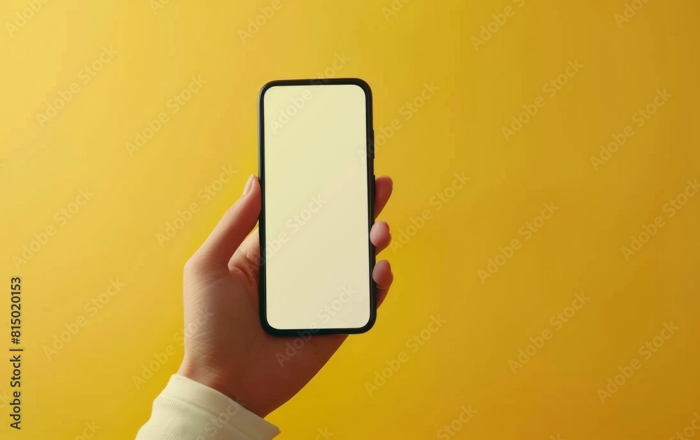 Wall mural hand holding a smartphone with a blank screen against a yellow background. - Wall murals