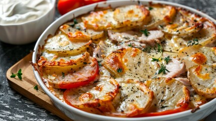 Pork baked in thin slices in the oven, with round slices of potatoes, topped with melted cheese, round slices of tomatoes and cream.
