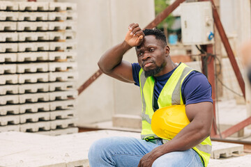 Tired stress hard worker feel bad sweating from hot weather in sunny day outdoor, Black African...