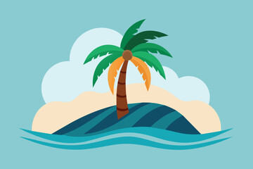 Palm tree island and waves, paradise graphics vector