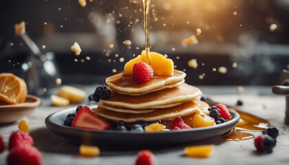 Delicious pancake with honey and fruits at kitchen. copy space for text
