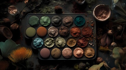 **A palette of eyeshadows inspired by nature with earthy tones