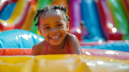 a happy child playing in the Inflatable water bouncy castle