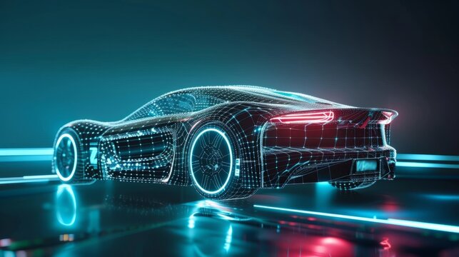 AI Generating picture of a futuristic electric black car with a holographic wireframe. digital technology background. hyper realistic 