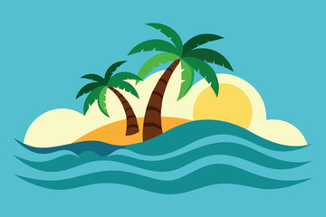 Palm tree island and waves, paradise graphics vector