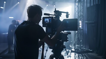 a man in action as he shoots a video, with the video operator holding a professional camera rig and focusing intently on capturing the perfect shot