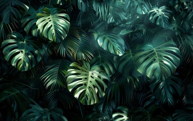 Lush, dark green monstera leaves in a dense, moody jungle scene.