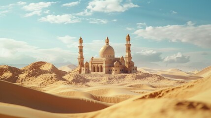 animation motion parallax photos of ancient building mosque in the middle of sand dune desert. hyper realistic 