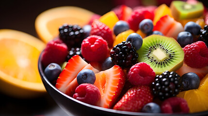 Close-up of a colorful fruit salad in a bowl, featuring a variety of fresh fruits and berries