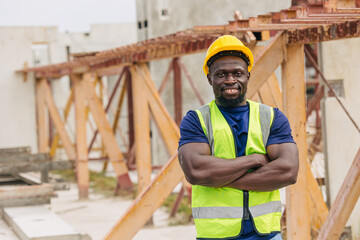 Portrait happy smiling African black smart engineer worker foreman supervisor working outdoor in Precast concrete casting industry