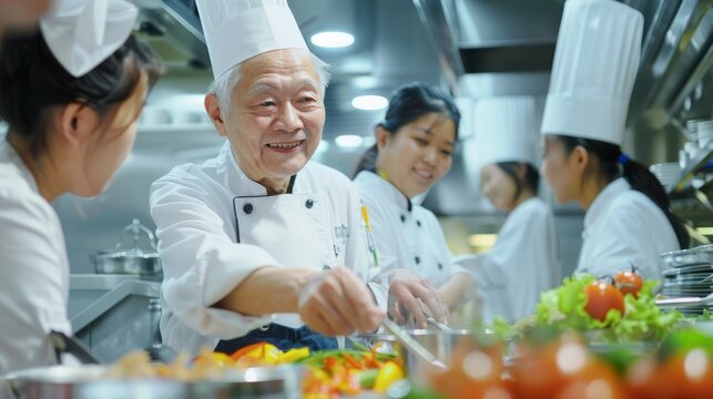Asian senior chef teaches diverse students cooking methods in a restaurant kitchen workshop. Focusing on teamwork learning and note-taking. Professional education. Food Edocation hyper realistic 