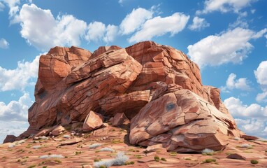 Massive red sandstone rock under blue sky.