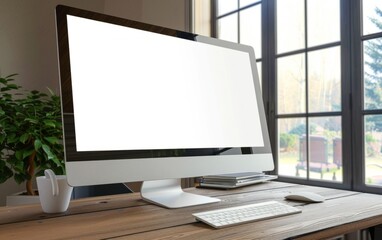 Modern computer monitor with blank screen on a wooden desk.