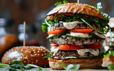 Mouthwatering gourmet burger stacked with fresh veggies and sauces.