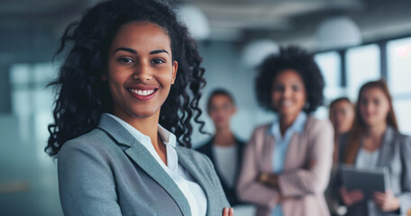 Professional young businesswoman smiles confidently at the camera with her diverse team blurred in the background, symbolizing leadership, teamwork, and workplace empowerment