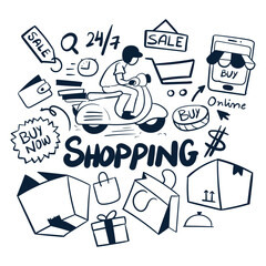 Shopping drawings vector. hand drawn shopping scribbles vector. online shopping vector doodles