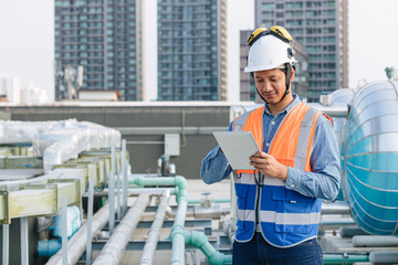 engineer checking gas pipe watering system, professional worker service team working with pipe...