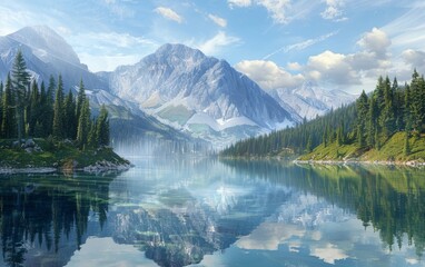 Pristine mountain lake with reflections and surrounding pine forests.