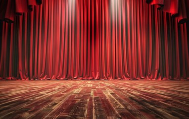 Rich red theater curtains with spotlighted wooden stage floor.