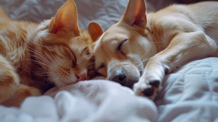 cat and lifestyle a dog are sleeping together funny video. cat and dog friendship indoors . pets friendship and love cat and dog hyper realistic 