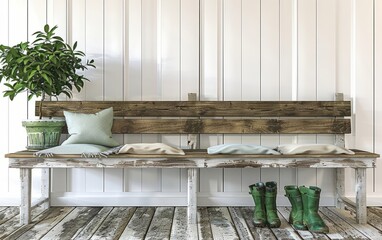 Rustic wooden bench with cushions, green boots, and potted plant in a white paneled room.