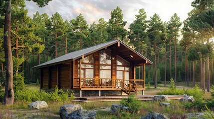 The concept of glamping. Wooden house with a veranda in nature around coniferous trees generative ai