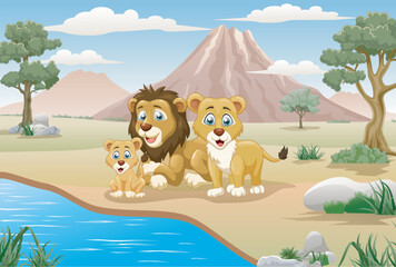 Lion and lion family in the nature . Cartoon style. Vector illustration