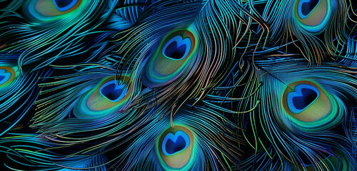 Pattern of fine lines evoking peacock feathers in vibrant blues and greens.