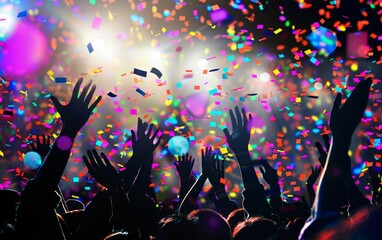 Silhouetted crowd with raised hands, vibrant lights, and floating confetti at a concert.