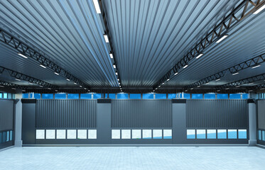 Large empty industrial warehouse interior with high ceiling and blue lighting 3d image