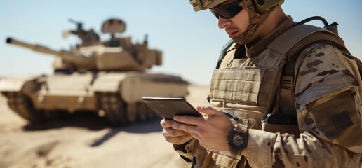 Fototapeta premium Focused soldier in camouflage attire uses a digital tablet with a combat tank in the background, showcasing modern warfare technology integration in a desert environment