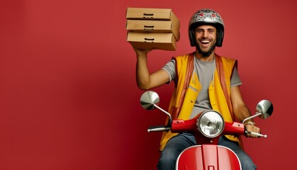 Cheerful pizza delivery man in a helmet, balancing multiple pizza boxes on a red scooter against a vibrant red background..