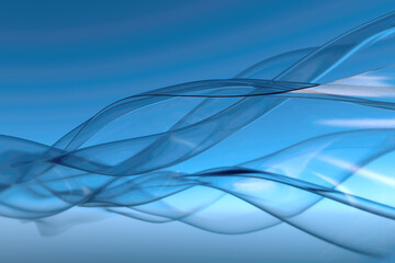 Abstract image of transparent, blue wave-like structures against a radiant blue gradient background. 3d image