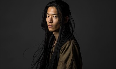 Portrait of young Asian man with dark long hair in traditional clothes looking at camera