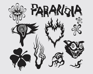 Obraz premium Hardcore paranoia collage element stamp clip art collection set brutalism poster acid vector t shirt design ink tattoo style sticker editable