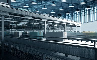 Image of a modern, automated factory interior with conveyors and packages 3d image