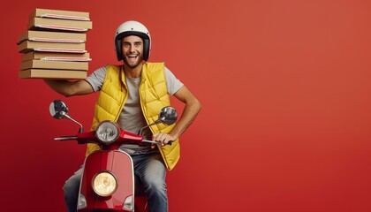 Cheerful pizza delivery man in a helmet, balancing multiple pizza boxes on a red scooter against a vibrant red background..