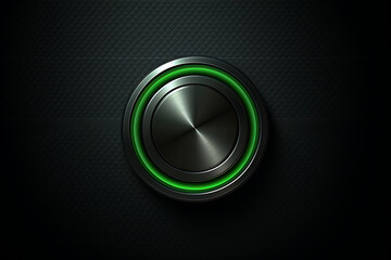 Black round button with green light on dark background. 3D rendering