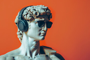 Classic greek  David statue is revamped with contemporary flair, donning stylish headphones and sunglasses against a vibrant orange background