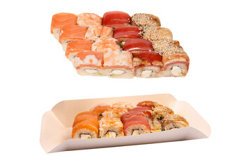 Food delivery. A box with sushi rolls in woman hands isolated.