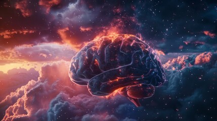 Conceptual brain in thought, blending with cosmic elements, exploring the mind's universe, dusk ambiance, AI Generative hyper realistic 