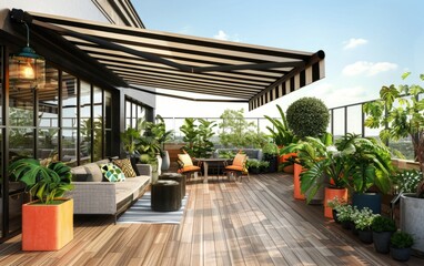 Spacious terrace with striped awning, stylish seating, and vibrant planters under a clear sky.