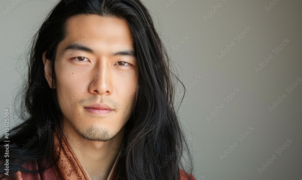 Wall mural Portrait of young Asian man with dark long hair in traditional clothes looking at camera