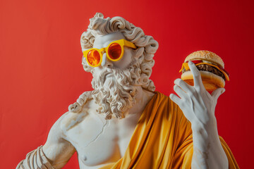 Classic greek  Zeus statue dons vibrant yellow sunglasses and holds a juicy hamburger against a stark red background for a playful contrast