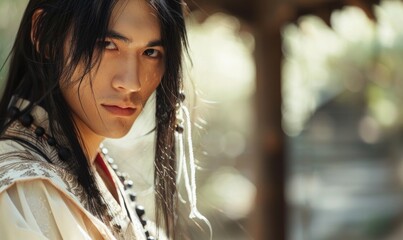 Portrait of young Asian man with dark long hair in traditional clothes looking at camera