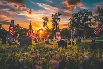 Naklejka premium A field of American flags adorning the cemetery at sunset, symbolizing national remembrance. 
